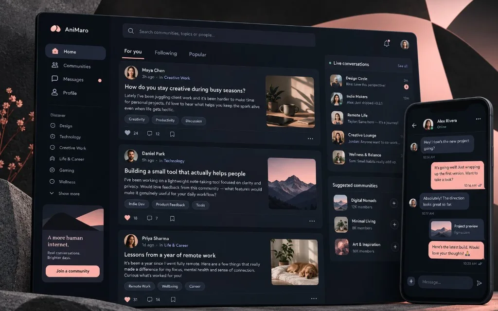 Social Community Platform — Real-time community experience with a service-based API.
